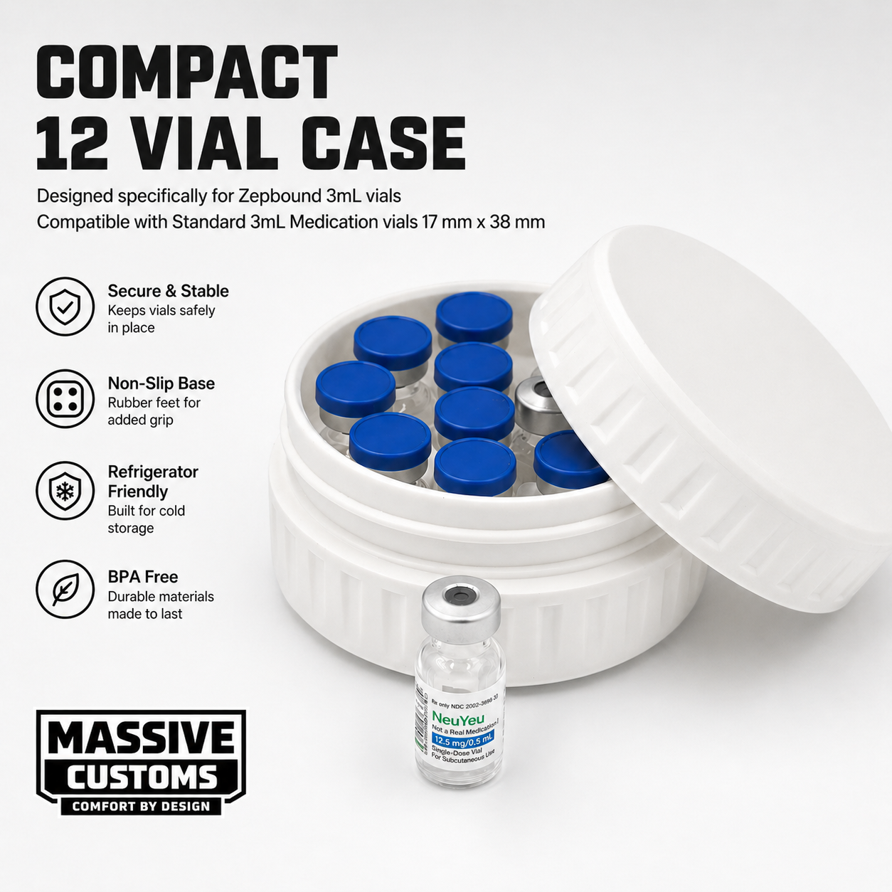 MC Vault 12 - The Original Massive Customs 12-Vial Storage Case for Standard 3mL Medication Vials