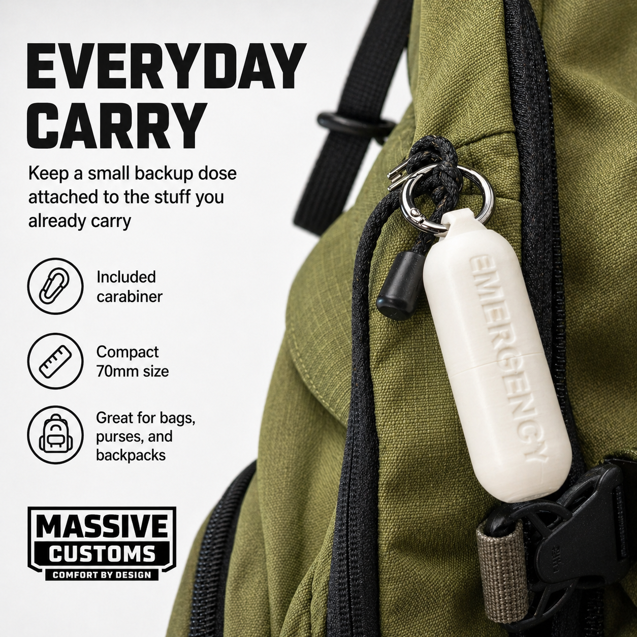 The Original Massive Customs Emergency Pill Case Keychain - Compact Threaded Med Holder with Carabiner