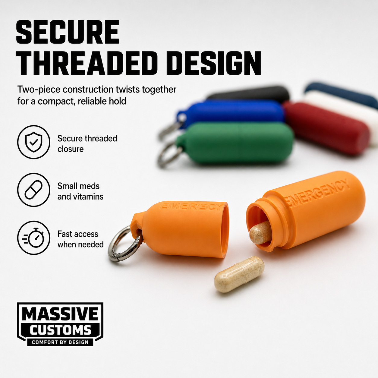 The Original Massive Customs Emergency Pill Case Keychain - Compact Threaded Med Holder with Carabiner