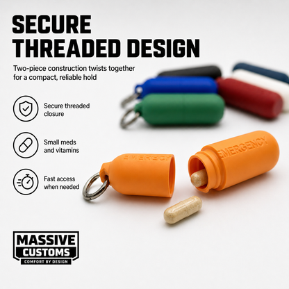The Original Massive Customs Emergency Pill Case Keychain - Compact Threaded Med Holder with Carabiner