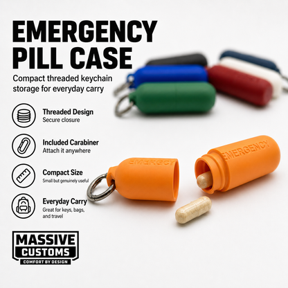 The Original Massive Customs Emergency Pill Case Keychain - Compact Threaded Med Holder with Carabiner