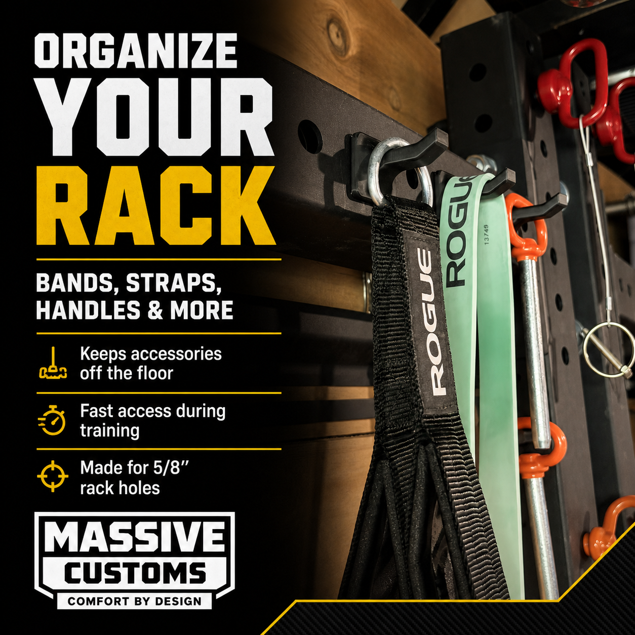 The Original Massive Customs Squat Rack Storage Hook - Hang Small Gym Accessories from Your Rack